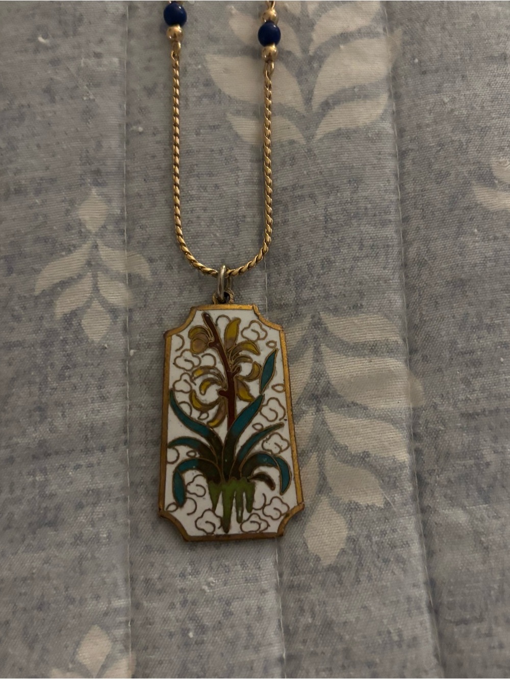 Cloisonne Gold-Tone Floral Enamel Necklace  in White, Green & Blue, Double Sided